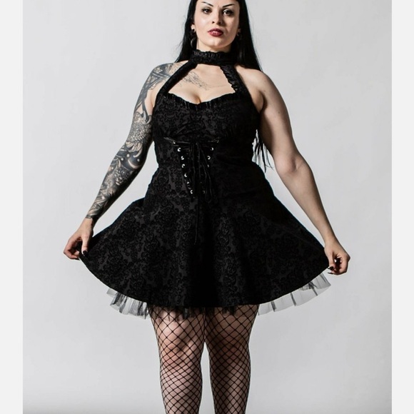 Killstar Gothic Black Velvet Damask Halter Dress Lace Up Corset Tulle Hem XXL - Picture 8 of 16